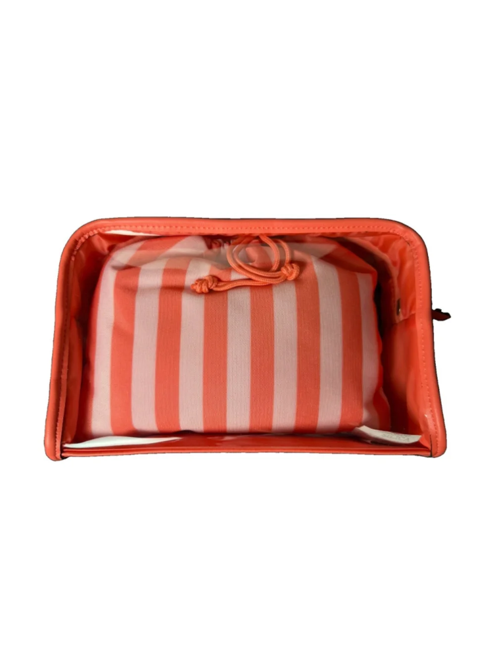 Victoria's Secret 2-Piece Beauty Travel Bag BOMBSHELL Striped Orange Zip Makeup